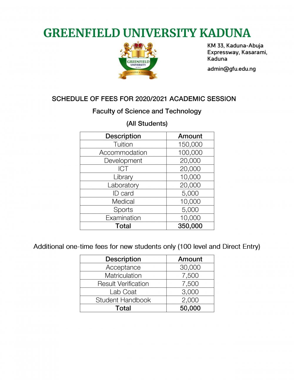 Greenfield University fees for 2020/2021 Academic Session