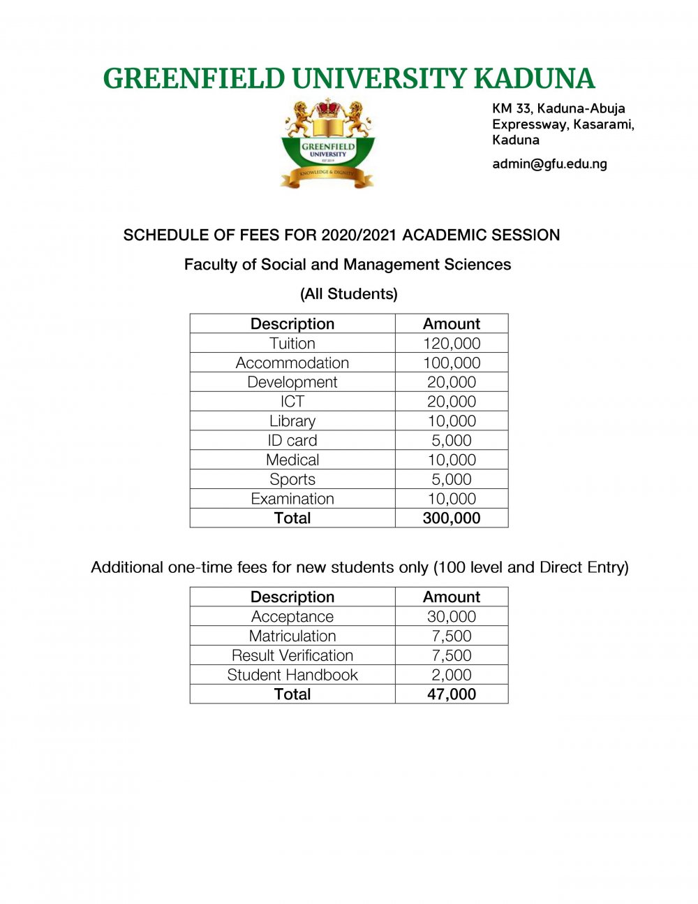 Greenfield University fees for 2020/2021 Academic Session